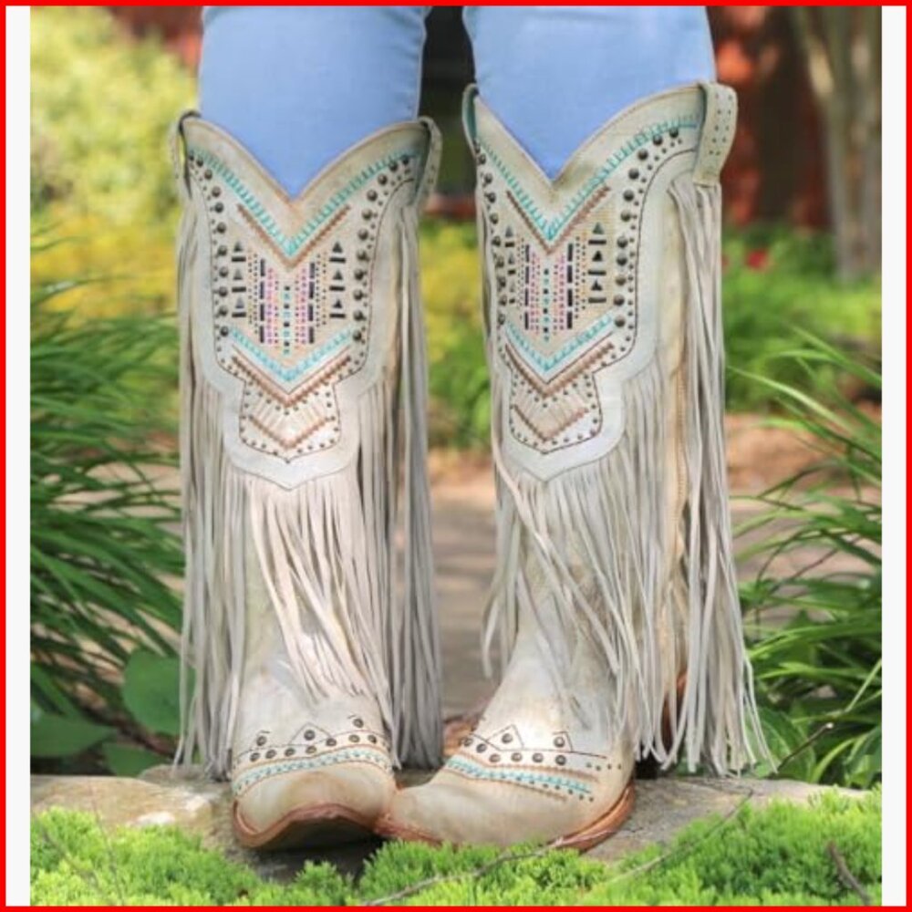 Western Cowgirl Boots Fringed Tassel Embroidered Block Heel Mid Calf - Picture 2 of 7